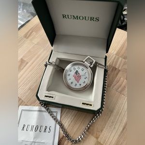 Rumours American Flag Pocket Watch in Original Box Stainless Case and Chain